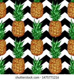 Chevron tropical seamless pattern with pineapple. Vector background