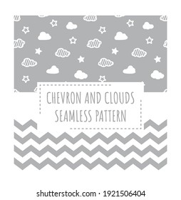 Chevron zig zag and clouds with stars seamless pattern. Two vector patterns in white and grey for paper or fabric.