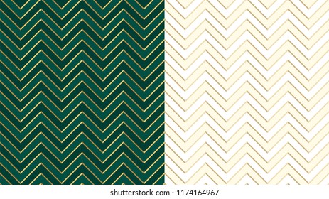 Chevron zig zag emerald (dark green) seamless pattern with golden lines. Cute ivory background in light halftone. Herringbone vector backdrop. Gold festive stripes. Sharp and jagged waves. Luxury VIP