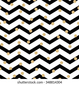 Chevron zigzag black and white seamless pattern with golden shimmer polka dots. Vector geometric monochrome stripe with glitter spots.