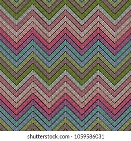 Chevron zigzag embroidery seamless pattern. Striped background with geometric ornament. Ethnic and tribal motifs. Embroidery stitches imitation