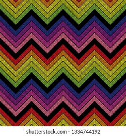 Chevron zigzag embroidery seamless pattern. Striped background with geometric ornament. Ethnic and tribal motifs. Embroidery stitches imitation