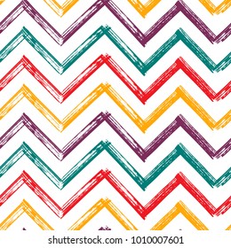 Chevron Zigzag Paint Brush Strokes Seamless Pattern. Vector Abstract Grunge Colorful Background