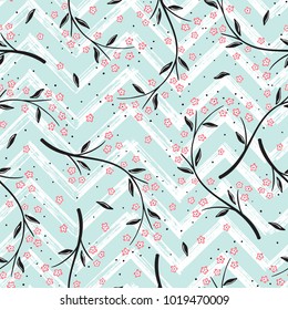 Chevron Zigzag Paint Brush Strokes with flowers Seamless pattern. Vector Abstract Grunge Colorful background with Sakura Branches. Cherry blossoms. Light Blue Floral Wallpaper