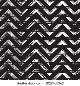 Chevron Zigzag Paint Brush Strokes Seamless pattern. Vector Abstract Grunge background. Black and white