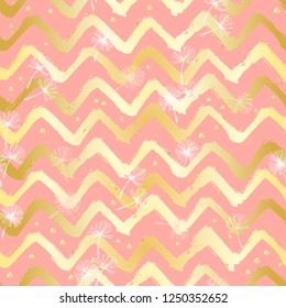 Chevron Zigzag Paint Brush Strokes Seamless pattern. Vector Abstract Grunge pink and yellow background.