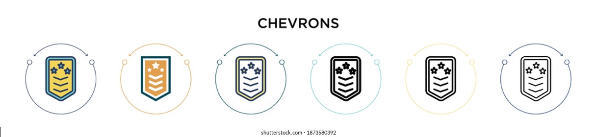 Chevrons icon in filled, thin line, outline and stroke style. Vector illustration of two colored and black chevrons vector icons designs can be used for mobile, ui, web