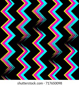 Chevrons seamless pattern background in retro vintage style. Repeating texture for your design, banner. Geometric zigzag wallpaper. Vector striped poster in pink blue black. EPS10 vector illustration.
