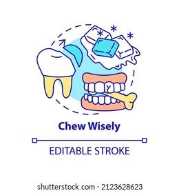 Chew wisely concept icon. Veneers maintenance abstract idea thin line illustration. Teeth and gum tissue protection. Isolated outline drawing. Editable stroke. Arial, Myriad Pro-Bold fonts used