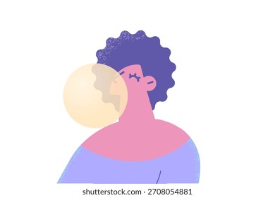 Chewing blowing bubble gum concept. Young black woman cartoon character blowing pink strawberry bubble gum during chewing vector illustration