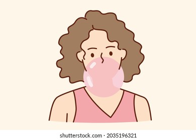 Chewing bubble gum bubbles concept. Young female blowing huge pink bubble of gum having fun vector illustration 