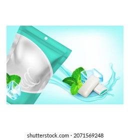 Chewing Bubble Gum Creative Promo Poster Vector. Natural Sugarfree Bubble Gum With Mint Taste Blank Bag And Ice Cube On Advertising Banner. Candy Packaging Style Concept Template Illustration