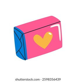 Chewing bubble gum in pink package. Gum box in package. Flat vector illustration in cartoon style isolated on white background.
