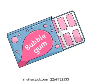 Chewing bubble gum in plastic blister. Gum pads paper box packaging. Flat vector illustration in cartoon style isolated on white background.