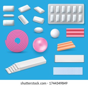 Chewing bubble gum realistic vector mockups. Bubblegum packages with mint or menthol sticks and blister pack with pads, pink ribbon gum, coated dragee, pellets and pillows 3d templates