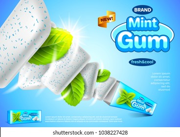 Chewing gum ads. Mint pack explosion. 3d illustration and packaging