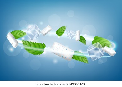 Chewing Gum Aromatic Creative Promo Banner Vector. Chewing Gum Pieces, Mint Green Leaves And Ice Cubes On Advertising Poster. Realistic 3d vector, isolated on white background. Template Illustration