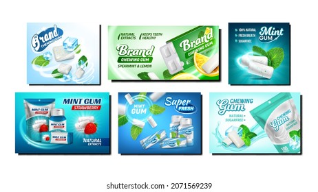 Chewing Gum Creative Promotion Posters Set Vector. Gum With Mint And Strawberry, Spearmint And Lemon Taste Blank Containers And Packages On Advertising Banners. Style Concept Template Illustrations