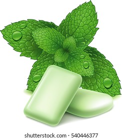 Chewing gum and fresh mint leaves, isolated on white