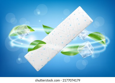 Chicle, con cubos de hielo y hojas de menta. Las hojas verdes son hierbabuena para la respiración fresca. Gomas de mascar para dientes sanos e higiene dental. dulces dulces y refrescantes dulces, aislados de fondo blanco. Realis