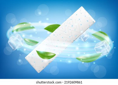 Chicle, con cubos de hielo y hojas de menta. Las hojas verdes son hierbabuena para la respiración fresca. Gomas de mascar para dientes sanos e higiene dental. dulces dulces y refrescantes dulces, aislados de fondo blanco. Realis