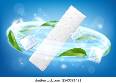 Chewing gum, with ice cubes and mint leaves. Green leaves spearmint for fresh breathing. Refreshing sweet candy, Advertising banner. Realistic 3D vector illustration