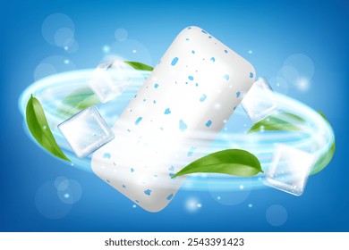 Chewing gum, with ice cubes and mint leaves. Green leaves spearmint for fresh breathing. Refreshing sweet candy, Advertising banner. Realistic 3D vector illustration