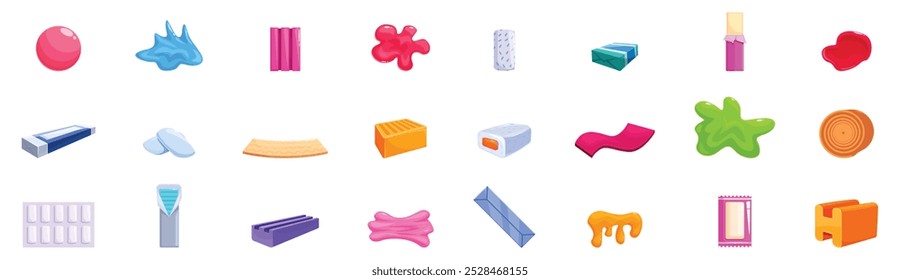 Chewing gum icons set. Set of colorful illustrations representing various types of chewing gum and bubble gum, with different flavors, shapes, and packaging