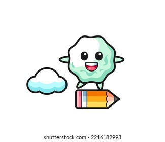 chewing gum mascot illustration riding on a giant pencil , cute design