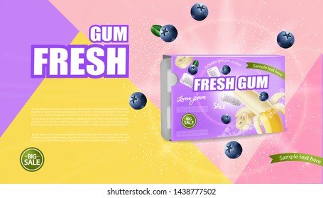 Chewing gum mock up Vector realistic. Product placement detailed label design. Banana and berries flavor. 3d illustration