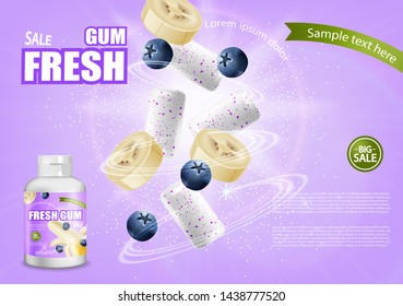 Chewing gum mock up Vector realistic. Product placement detailed label design. Banana and berries flavor. 3d illustration