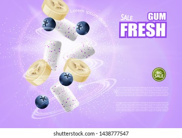 Chewing gum mock up Vector realistic. Product placement detailed label design. Banana and berries flavor. 3d illustration