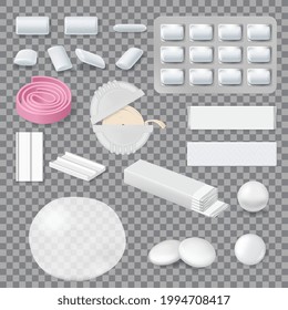 Chewing Gum Mockups, Stripes, Tablets In Blister Pack And Roll In Container. Realistic Vector Bubble Gum Sticks, Ball And White Chewing Gum Slab, Inflated Bubble, Coated Dragee