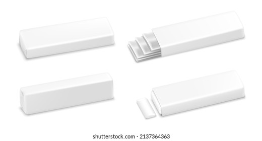 Chewing gum mockups, white stripes. Realistic 3d vector bubble gum sticks, White mint chewing gum set for ads and package element, isolated on white background, 3d vector realistic illustration