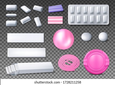 Chewing Gum Package Vector Mockups. Realistic Bubblegum Bubble, Blister Pack Of Mint Or Menthol Pads, Sticks And Ribbon Gum, Coated Dragee, Pillows, Pellets, Tabs, Plastic Box And Foil Wrapping Paper