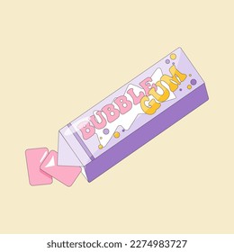 Chewing gum packaging with two pink  bubble gum pads. Trendy cartoon 90’s vector illustration.