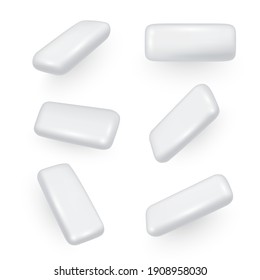Chewing gum pads in different angles templates. Bubblegum, peppermint in realistic style. Products advertising design for fresh breath and clean teeth. Vector gum collection isolated on white.