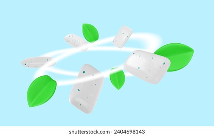 Chewing gum pads and mint leaves vortex banner. 3D realistic swirl of flying bubble gum and green leaves. Vector illustration design for ad, poster.