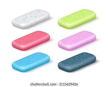 Chewing gum pads. Realistic different colorful bubblegum pillows. Various flavored product. Fresh breath. Dental and oral hygiene. Vector refreshing menthol and sweet