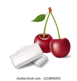 Chewing gum with red cherry isolated. Bubble gums for healthy teeth and fresh breathing. template design for dental hygiene. Vector 3d illustration