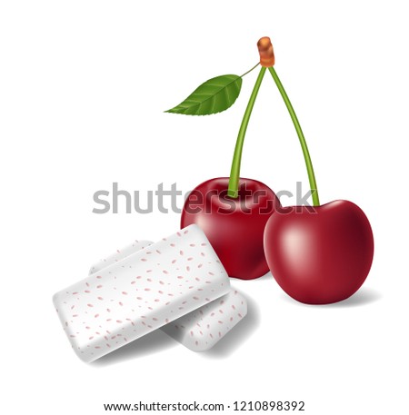 Chewing gum with red cherry isolated. Bubble gums for healthy teeth and fresh breathing. template design for dental hygiene. Vector 3d illustration