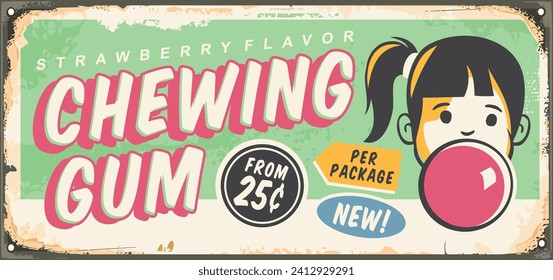 Chewing gum retro ad on old metal background. Worn sign with little girl chewing the bubble gum. Vintage vector sign.