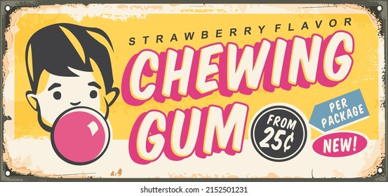 Chewing gum retro sign template for candy store. Kid blowing pink bubble gum balloon vintage advertisement. Comic or cartoon style vector graphic.