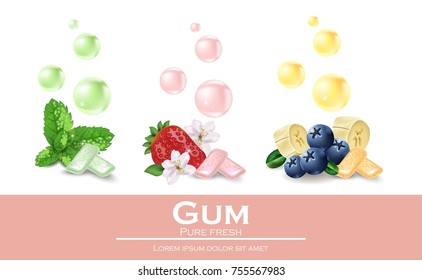 Chewing gum set with different flavors. Vector realistic illustration