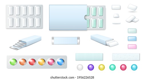 Chewing gum set. Realistic 3d bubble gum in foil packages, blister and plastic box mockup. Pads, balls and roll of white mint and colorful bubblegum. Template vector illustration
