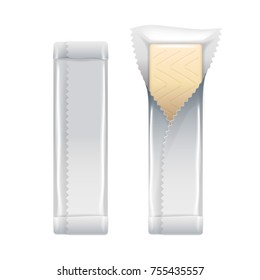 Chewing gum sticks in foil wrapper set. Bubble gum vector. Vanilla flavor.
