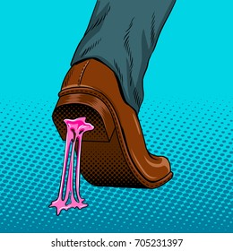 Chewing gum stuck to the shoe pop art style vector illustration. Comic book style imitation