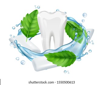 Chewing gum. Vector fresh menthol leaves, white gum, tooth realistic