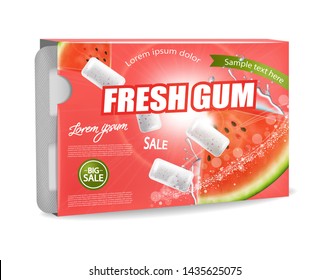 Chewing gum Vector realistic. Product placement detailed label design. Watermelon flavor. 3d illustration