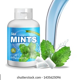 Chewing gum Vector realistic. Product placement detailed label design. Packaging bottles. Mint flavor. 3d illustration